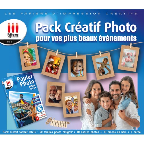 Pack Photo Créatif : 50 Feuilles 10x15 – 200 g/m² + 10 Cadres Photo Kraft + Pinces et Corde