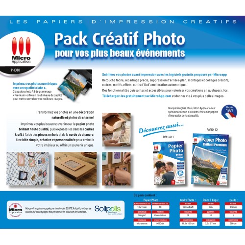 Pack Photo Créatif : 50 Feuilles 10x15 – 200 g/m² + 10 Cadres Photo Kraft + Pinces et Corde