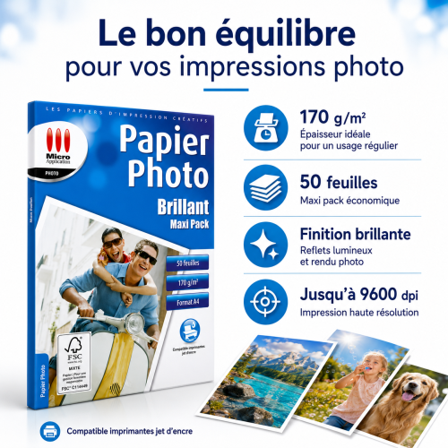 Papier Photo Brillant A4 - Maxi Pack - 170 g/m² - 50 Feuilles