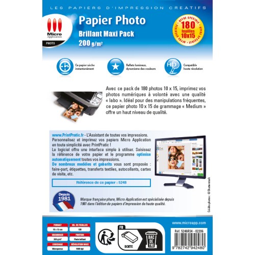 Papier Photo Brillant 10x15 - Maxi pack - 200 g/m² - 180 Feuilles