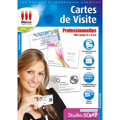 Cartes de visite Professionnelles - 100 cartes mates format 9 x 5 cm  -Technologie Bordnet®- 220g