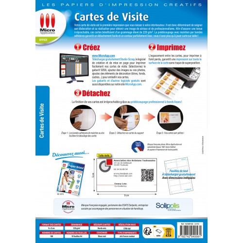 Cartes de visite Professionnelles - 100 cartes mates format 9 x 5 cm  -Technologie Bordnet®- 220g