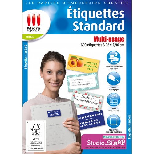 Etiquettes Standard - 600 étiquettes - format 2,96 x 6,05 cm - bords arrondis