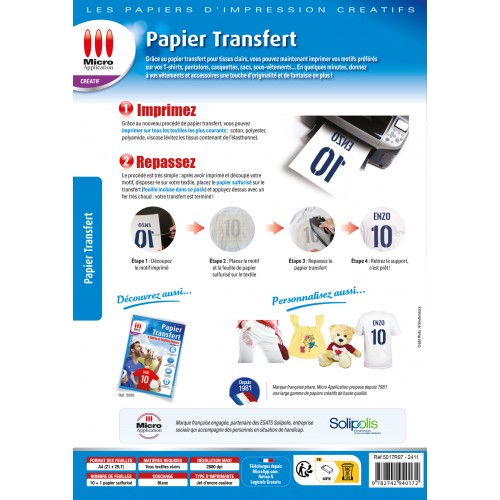 Papier Transfert T-Shirt pour Textiles Clairs - 10 feuilles de papier A4