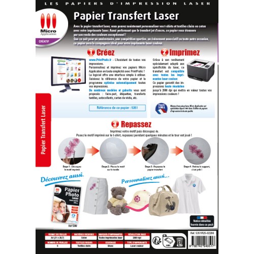 Papier Transfert Laser T-Shirts et Textiles Clairs - 5 feuilles A4