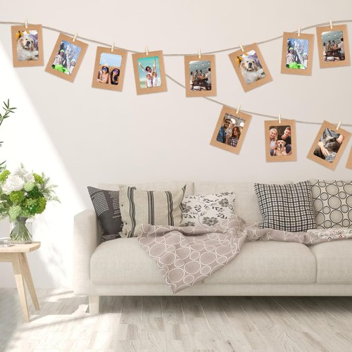 10 Cadres pour Photos 10x15 en Papier Kraft + 10 Pinces en bois + 1 Corde de chanvre pour Décoration Murale