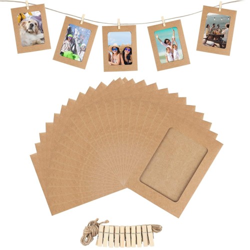 10 Cadres pour Photos 10x15 en Papier Kraft + 10 Pinces en bois + 1 Corde de chanvre pour Décoration Murale