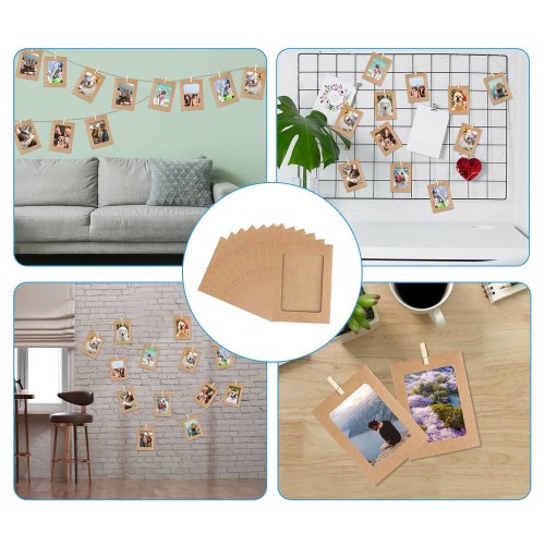 10 Cadres pour Photos 10x15 en Papier Kraft + 10 Pinces en bois + 1 Corde de chanvre pour Décoration Murale
