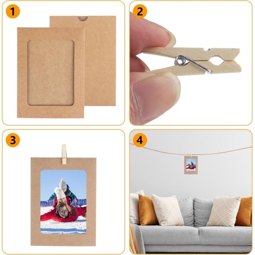 10 Cadres pour Photos 10x15 en Papier Kraft + 10 Pinces en bois + 1 Corde de chanvre pour Décoration Murale