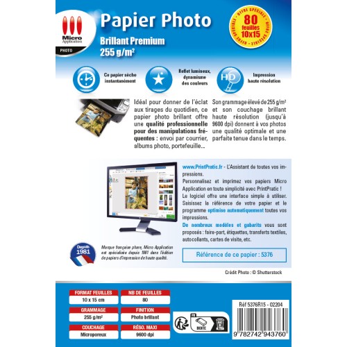 Papier Photo Brillant 10x15 - Premium - 255 g/m² - 80 feuilles
