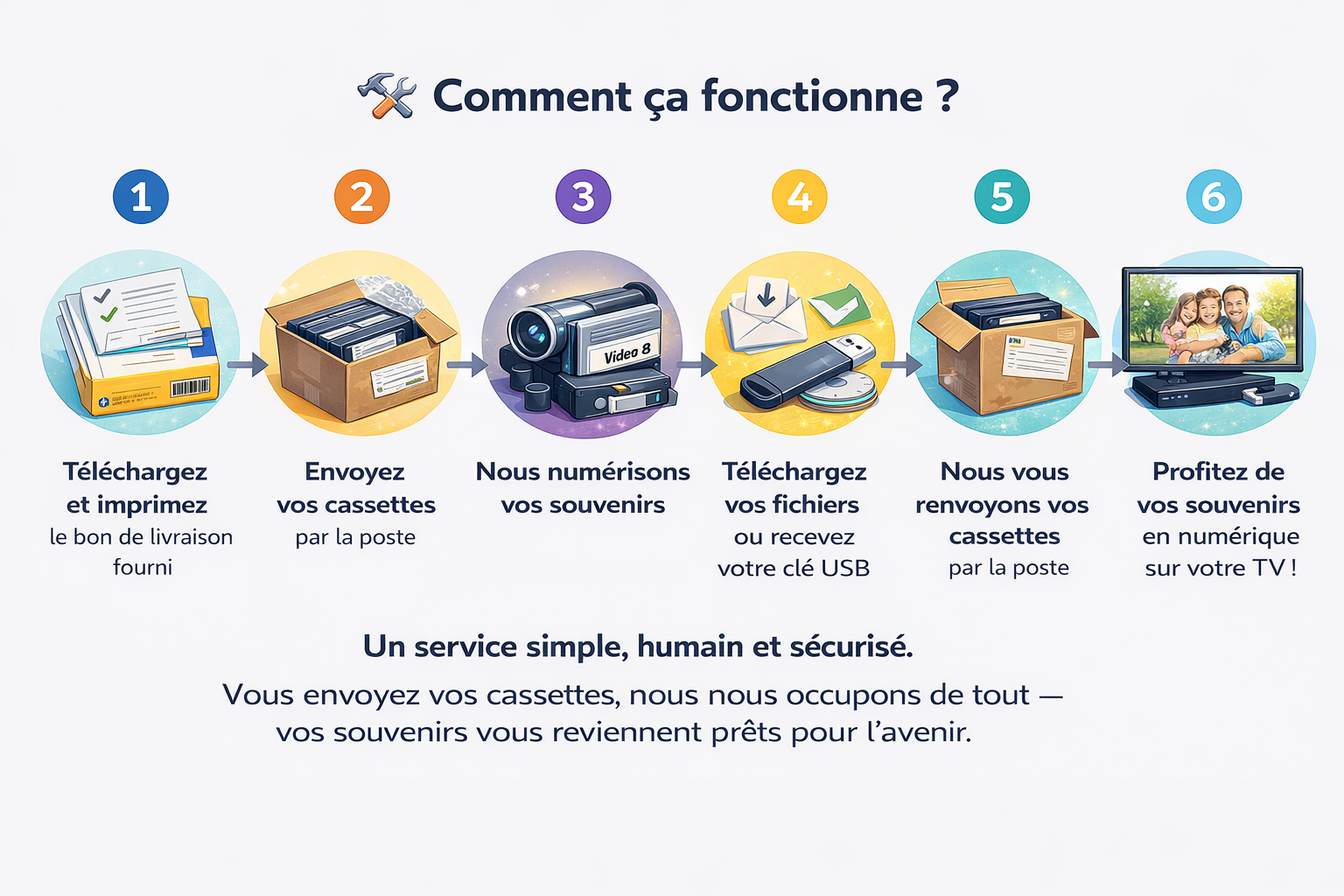 Schéma du service de numérisation de cassettes vidéo Microapp – étapes de l’envoi à la restitution numérique